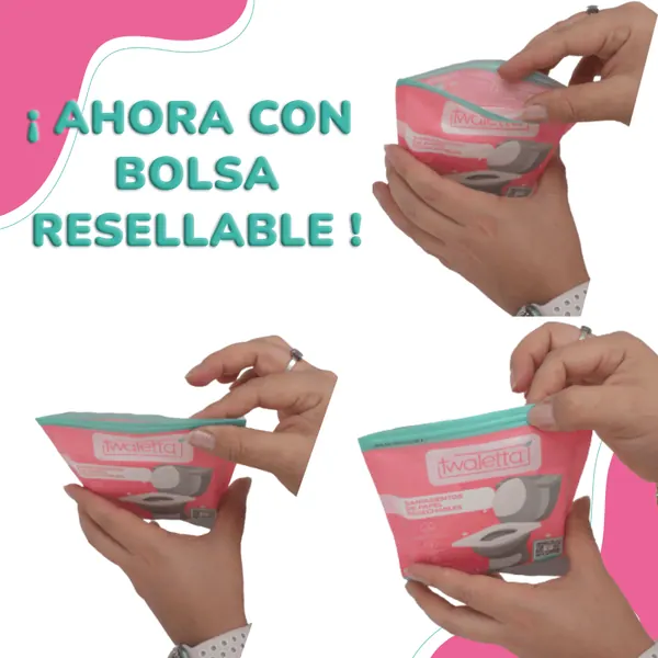 Manos abriendo y cerrando el sobre resellable de saniasientos Twaletta