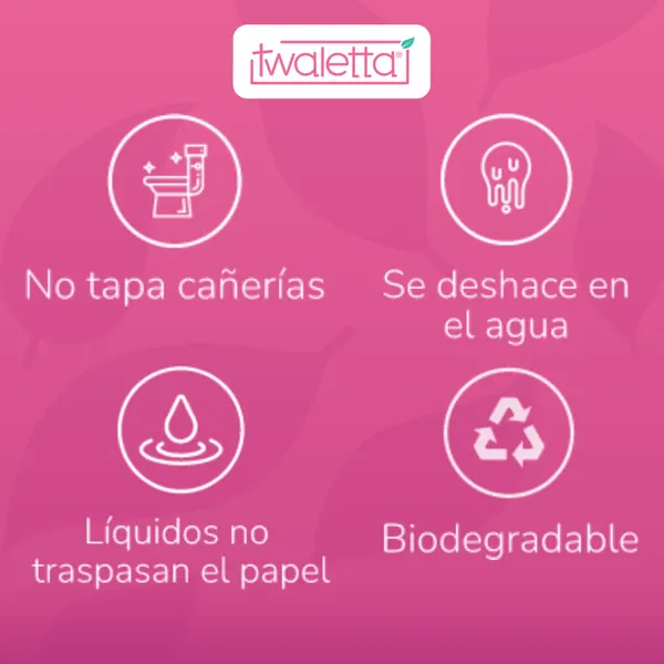 Características de Twaletta: no tapa cañerías, se deshace en el agua, los líquidos no traspasan el papel y es biodegradable