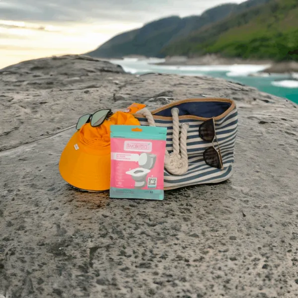 Sobre de saniasientos Twaletta junto a una bolsa de playa, un sombrero y lentes de sol